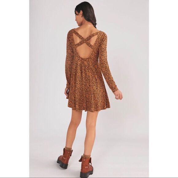 NEW Daily Practice Anthropologie Square-Neck Cheetah Leopard Mini Dress X-Large - Picture 3 of 3